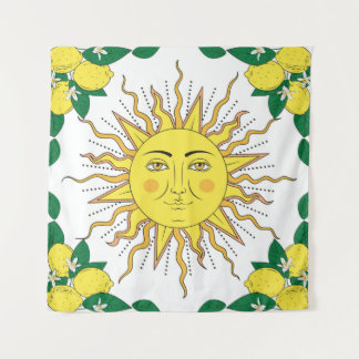 Tropical citrus lemon fruits with flowers frame an tapestry