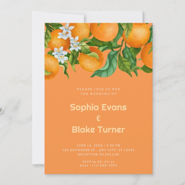 Tropical Citrus Oranges Botanical Orange Wedding Invitation (Front)