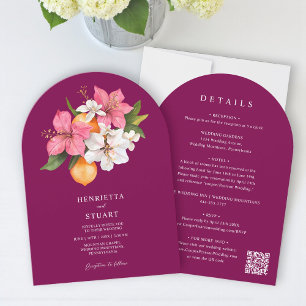 tropical citrus pink arched all in one wedding invitation