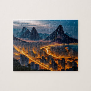 Tropical City Skyline Night Beach and Mountains Jigsaw Puzzle