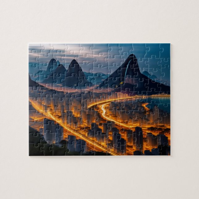 Tropical City Skyline Night Beach and Mountains Jigsaw Puzzle (Horizontal)