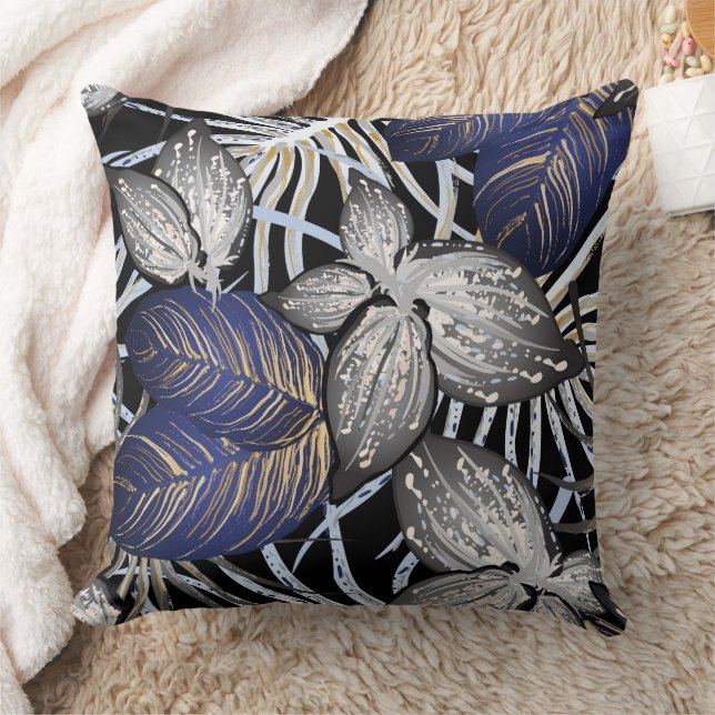 Tropical Class is a Blue, Silver, & Gold Floral  Cushion (Blanket)