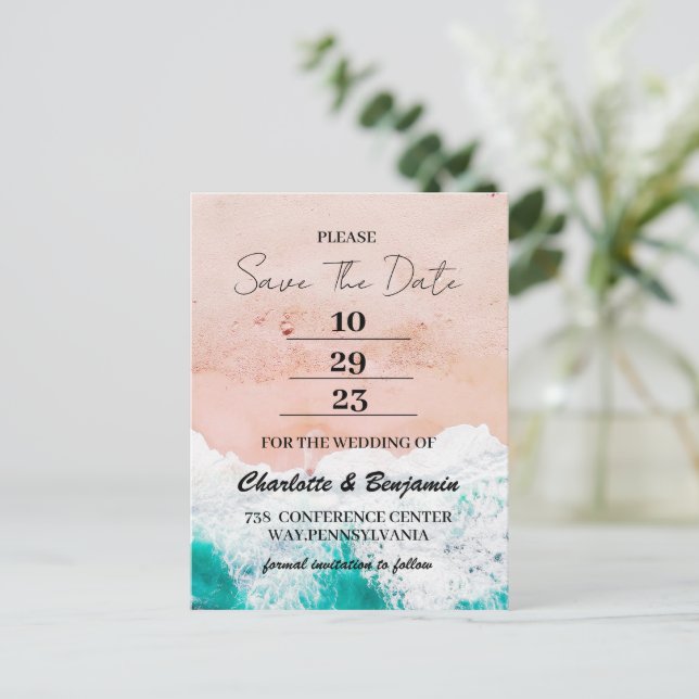 Tropical Coastal Beach Sea Wedding Save the Date Postcard (Standing Front)