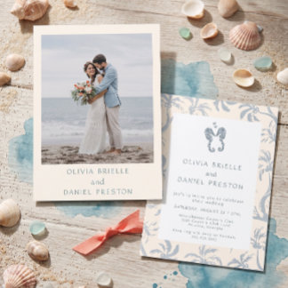 Tropical Coastal Blue Seahorse Beach Wedding Photo Invitation