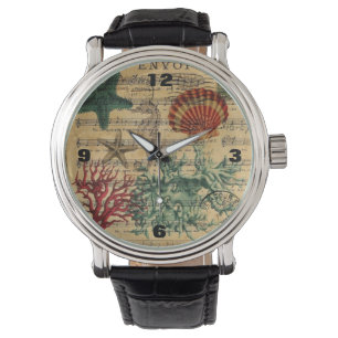 tropical coastal coral seashells seahorse starfish watch