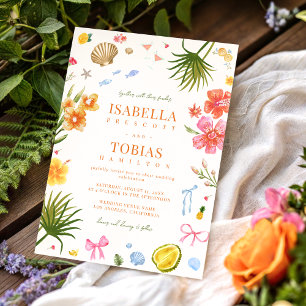 Tropical Coastal Hand Drawn Bow Sea Shells Wedding Invitation
