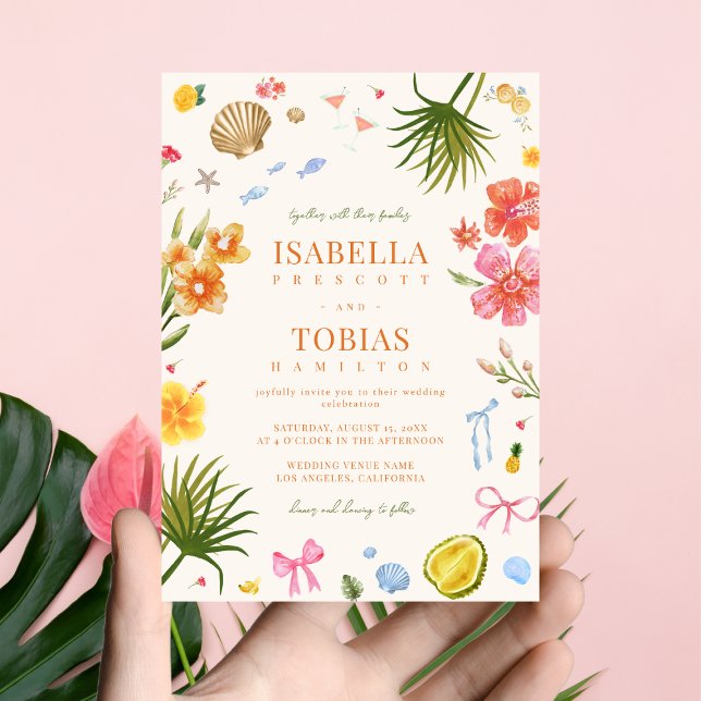 Tropical Coastal Hand Drawn Bow Sea Shells Wedding Invitation (Creator Uploaded)
