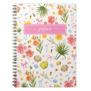 Tropical Coastal Hand Drawn Flowers & Shells Name Notebook