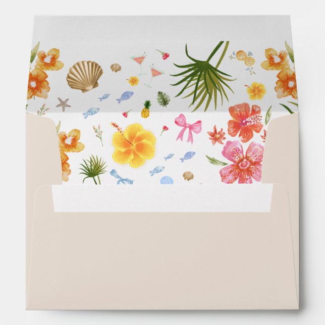 Tropical Coastal Hand Drawn Flowers Shells Wedding Envelope (Back (Bottom))