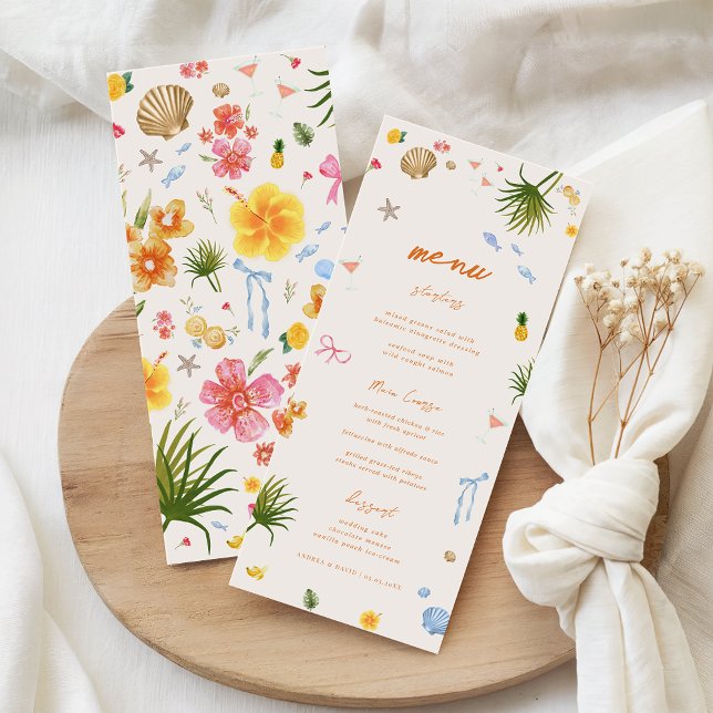 Tropical Coastal Hand Drawn Flowers Shells Wedding Menu (Creator Uploaded)