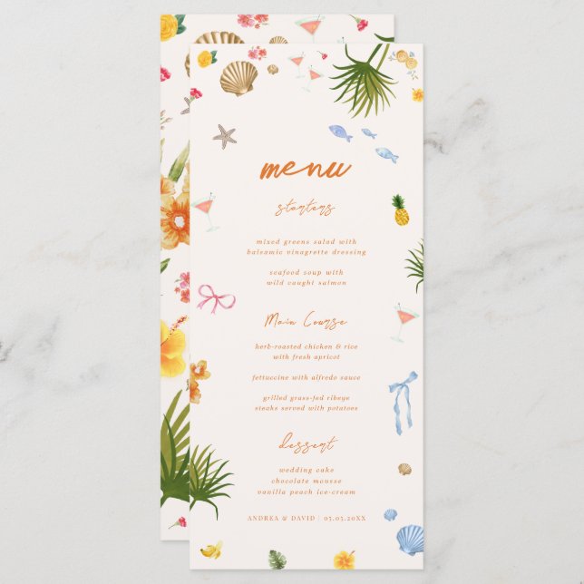 Tropical Coastal Hand Drawn Flowers Shells Wedding Menu (Front/Back)