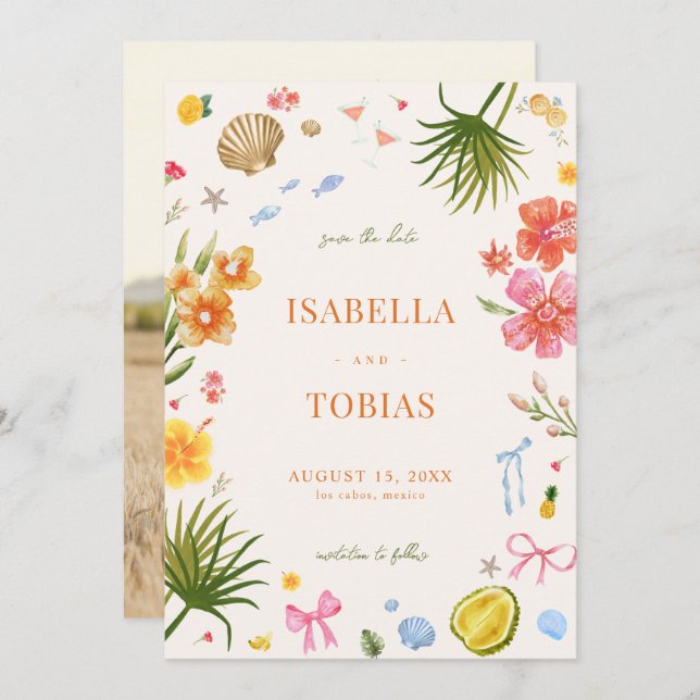 Tropical Coastal Hand Drawn Flowers Shells Wedding Save The Date (Front/Back)