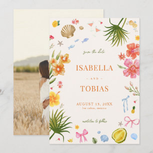 Tropical Coastal Hand Drawn Flowers Shells Wedding Save The Date