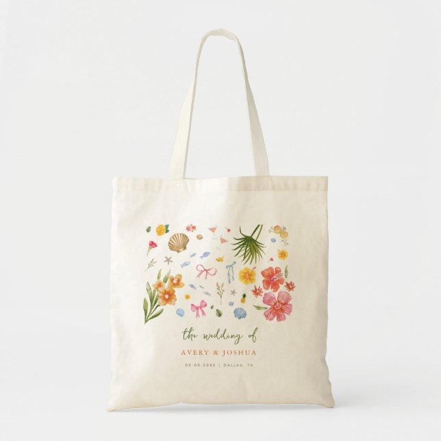 Tropical Coastal Hand Drawn Flowers Shells Wedding Tote Bag (Front)