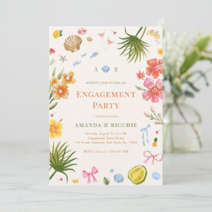 Tropical Coastal Hand Drawn Shell Engagement Party Invitation