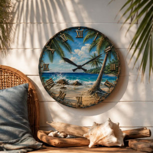 Tropical Coastal Ocean palm Tree Beach Large Clock