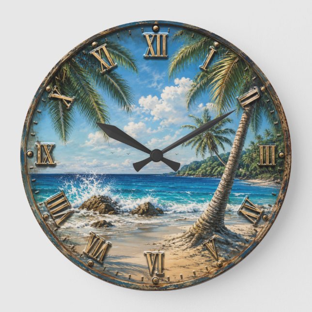 Tropical Coastal Ocean palm Tree Beach Large Clock (Front)