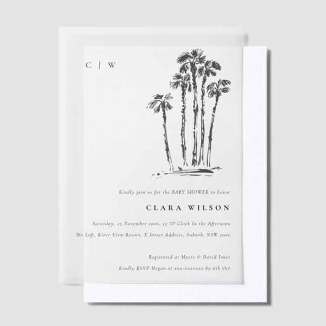 Tropical Coastal Palm Tree Sketch Baby Shower Vellum Invitations (Offset)