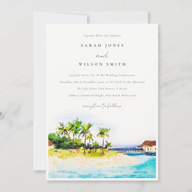 Tropical Coastal Palm Trees Seascape Beach Wedding Invitation (Front)
