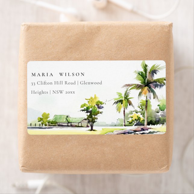 Tropical Coastal Palm Trees Watercolor Address (Insitu)