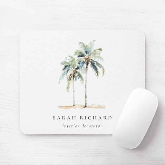 Tropical Coastal Palm Trees Watercolor Blue Green Mouse Pad (With Mouse)