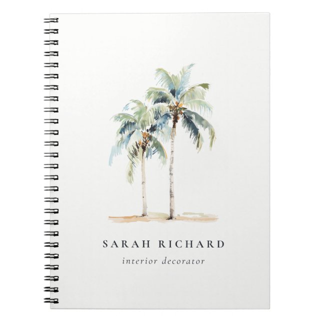 Tropical Coastal Palm Trees Watercolor Blue Green Notebook (Front)