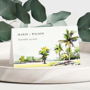 Tropical Coastal Palm Trees Watercolor Wedding Place Card
