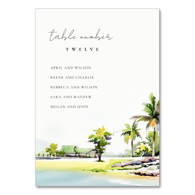 Tropical Coastal Palm Trees Wedding Seating Chart Table Number (Front)