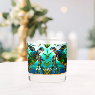 Tropical Coastal Sea Turtle Teal Blue Green Whiskey Glass