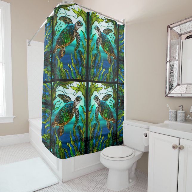 Tropical Coastal Sea Turtle Teal  Stained Glass Shower Curtain (In Situ)