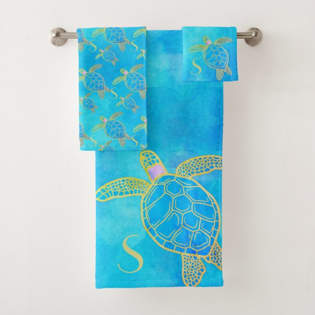 Tropical Coastal Sea Turtle Turquoise Watercolor  Bath Towel Set (Insitu)