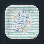 Tropical Coastal SEAS AND GREETINGS Paper Plate<br><div class="desc">A tropical, coastal or beach-themed twist on "Season's Greetings" with SEAS & GREETING featuring an elegant calligraphy script typography design accented with watercolor starfish in turquoise and and aqua blue. The sample is shown on the 7-inch square paper plate--other shapes and sizes are available on the ordering page. Personalises it...</div>