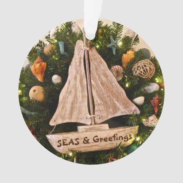 Tropical Coastal SEAS & Greetings Beach Christmas Ornament (Front)