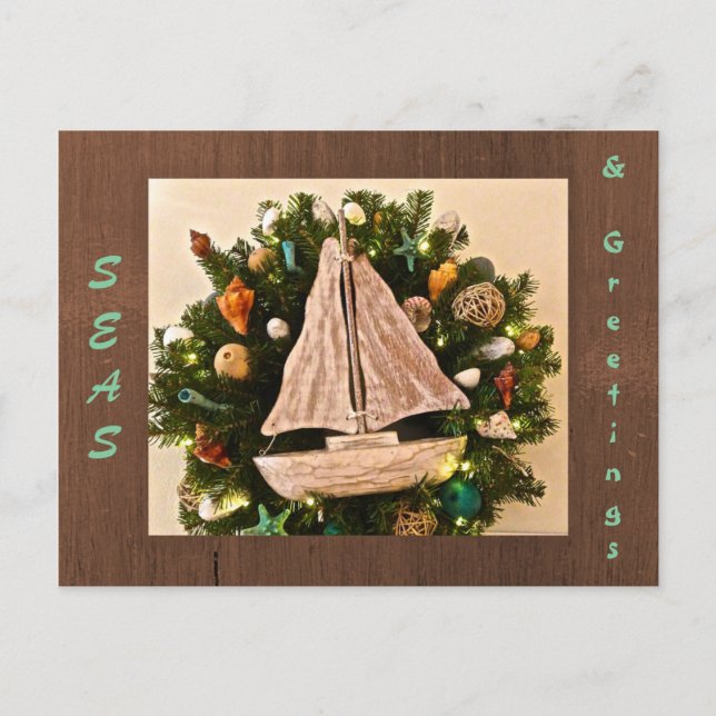 Tropical Coastal Seas & Greetings Beach Christmas Postcard (Front)