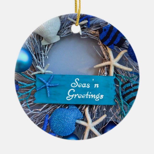 Tropical Coastal Seashell Holiday Christmas Ceramic Tree Decoration (Front)