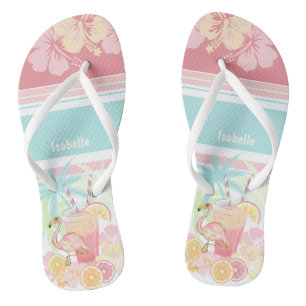 Tropical Cocktail Flamingo Name Pink Blue Jandals