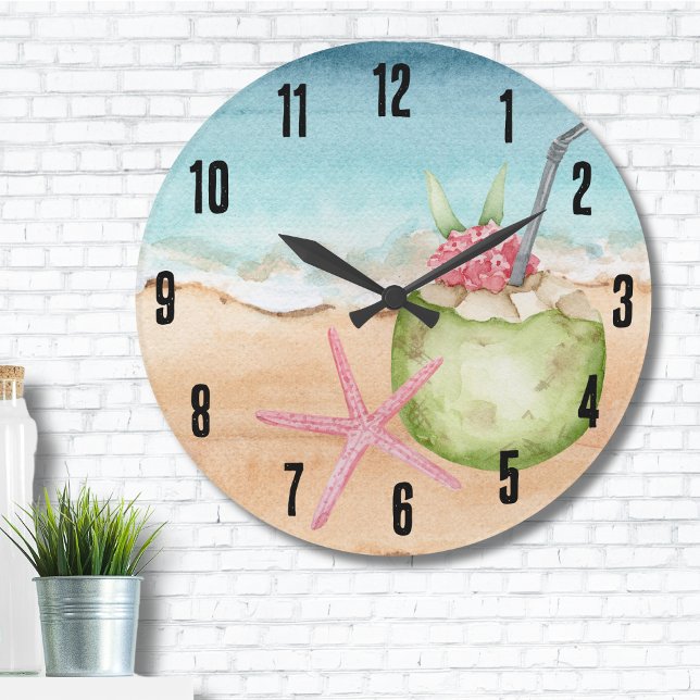 Tropical Cocktail Hour Beach Large Clock (Cute Starfish Coconut Cocktail Drink Beach Large Clock)
