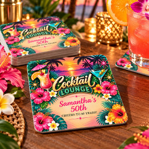 Tropical Cocktail Lounge 50th Birthday  Square Paper Coaster