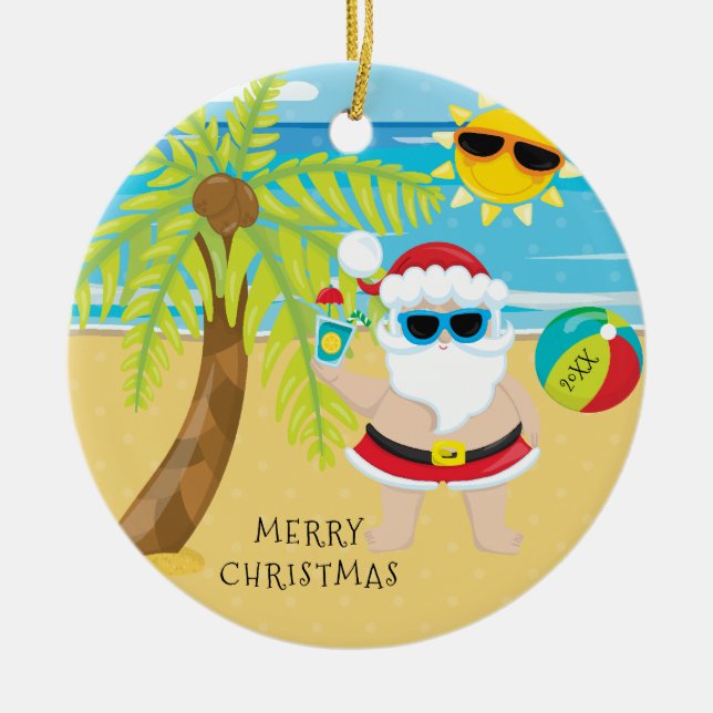Tropical Cocktail Santa Hawaiian Christmas Ceramic Tree Decoration (Front)