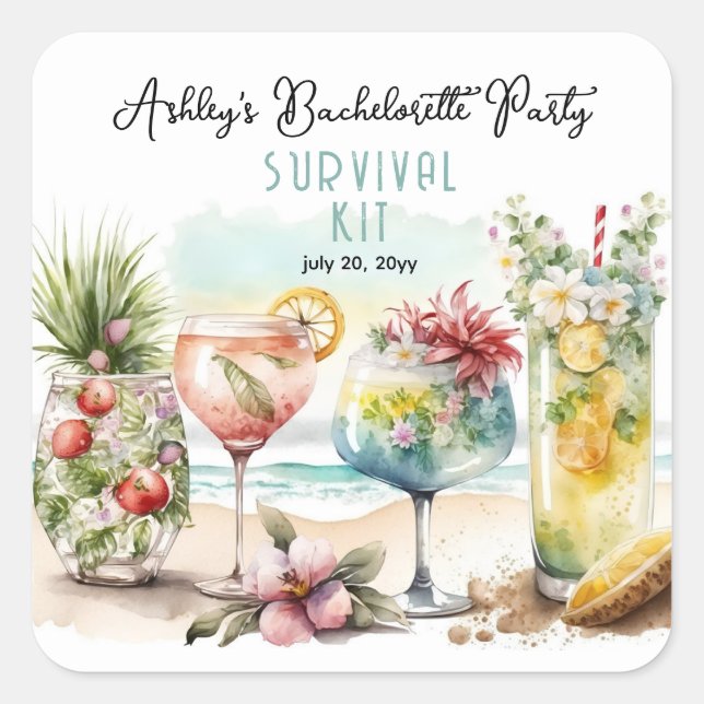 Tropical Cocktails Bachelorette Party Survival Kit Square Sticker (Front)