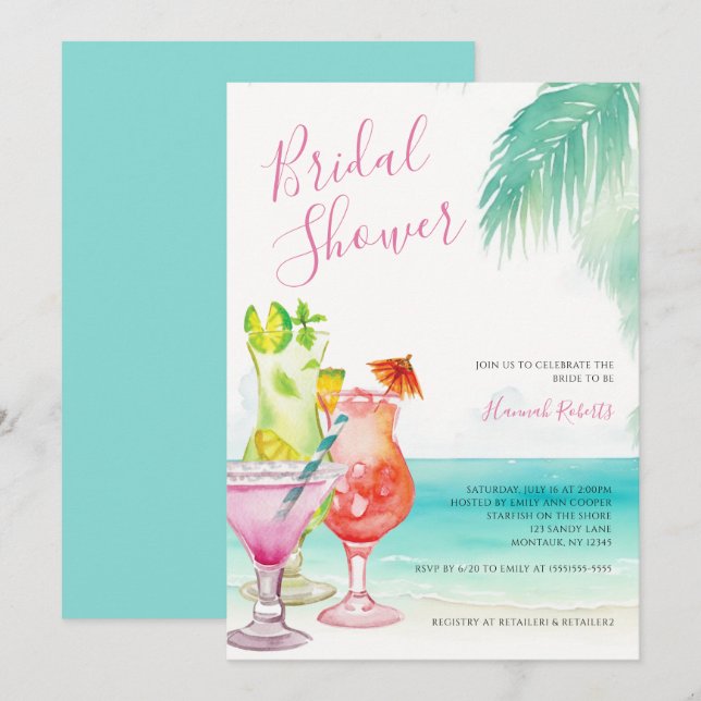 Tropical Cocktails Beach Bridal Shower Invitation (Front/Back)