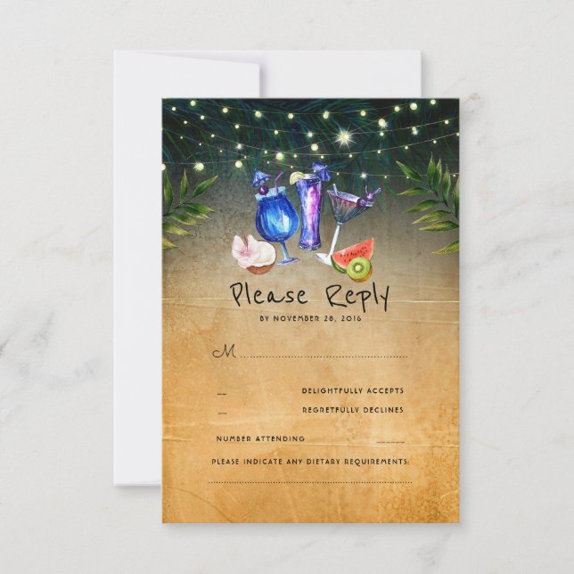 Tropical Cocktails Beach Wedding RSVP Card (Front)