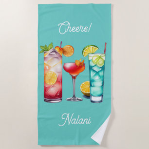 Tropical cocktails custom name beach towel