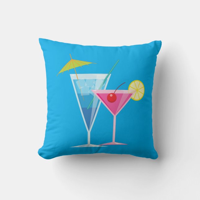 Tropical Cocktails Summer Pillow on Blue (Front)