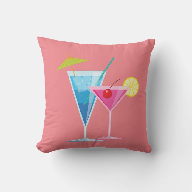 Tropical Cocktails Summer Pillow on Coral (Front)