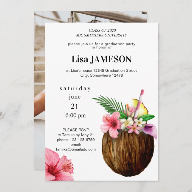 Tropical Coconut Gradauation w/ Photo Invitation (Front/Back)