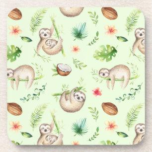 Tropical Coconut Sloth Pattern Coaster