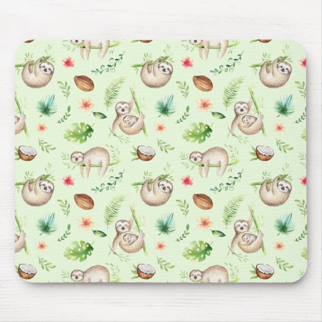 Tropical Coconut Sloth Pattern Mouse Pad (Front)