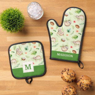 Tropical Coconut Sloth Pattern Oven Mitt & Pot Holder Set