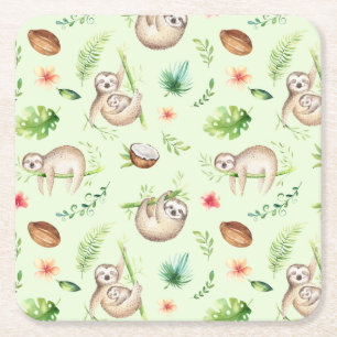 Tropical Coconut Sloth Pattern Square Paper Coaster
